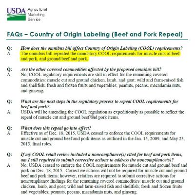 Congress Repeals Consumers’ Right-To-Know: Country-of-Origin-Labeling for Beef and Pork